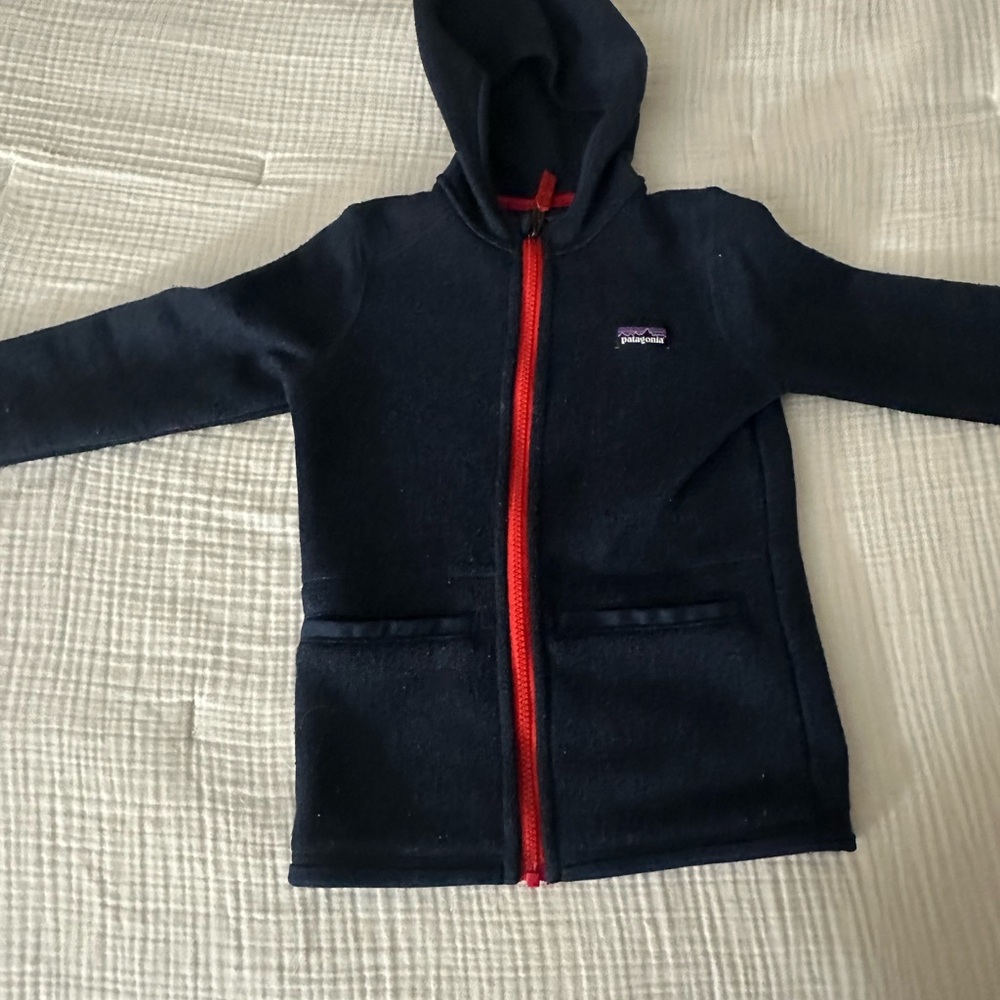 Patagonia Kids Hoodie in Dark Blue with Red Accent
